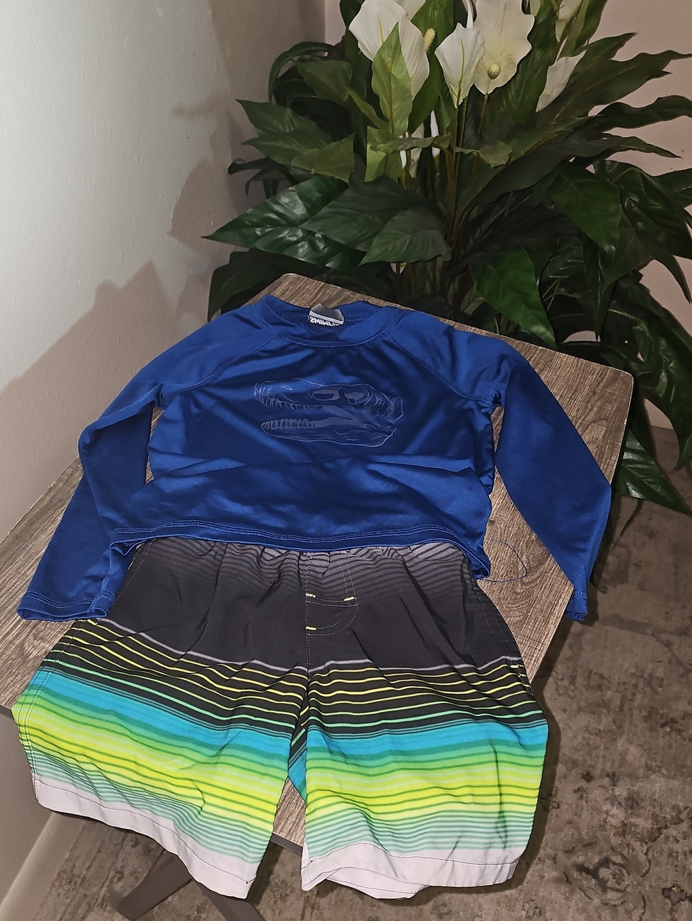 Boys Blue Rash Guard Top with Striped Swim Shorts